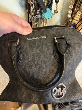 Michael Kors Black Monogram Dome Satchel with Silver Logo Charm